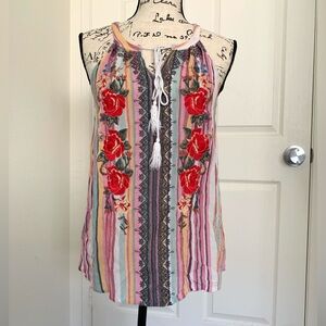 April Sky Sleeveless Pink Striped Embroidered Floral Tank Top